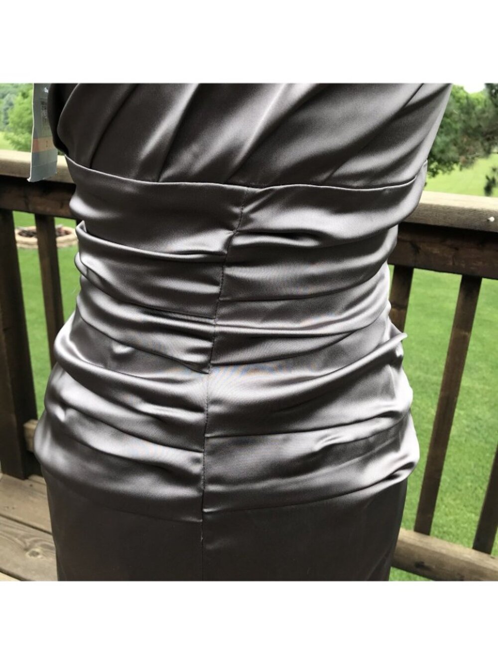 Suzi Chin Maggy One Shoulder Sheath Formal Dress Size 2 Taupe Ruched Embellished - Picture 7 of 12